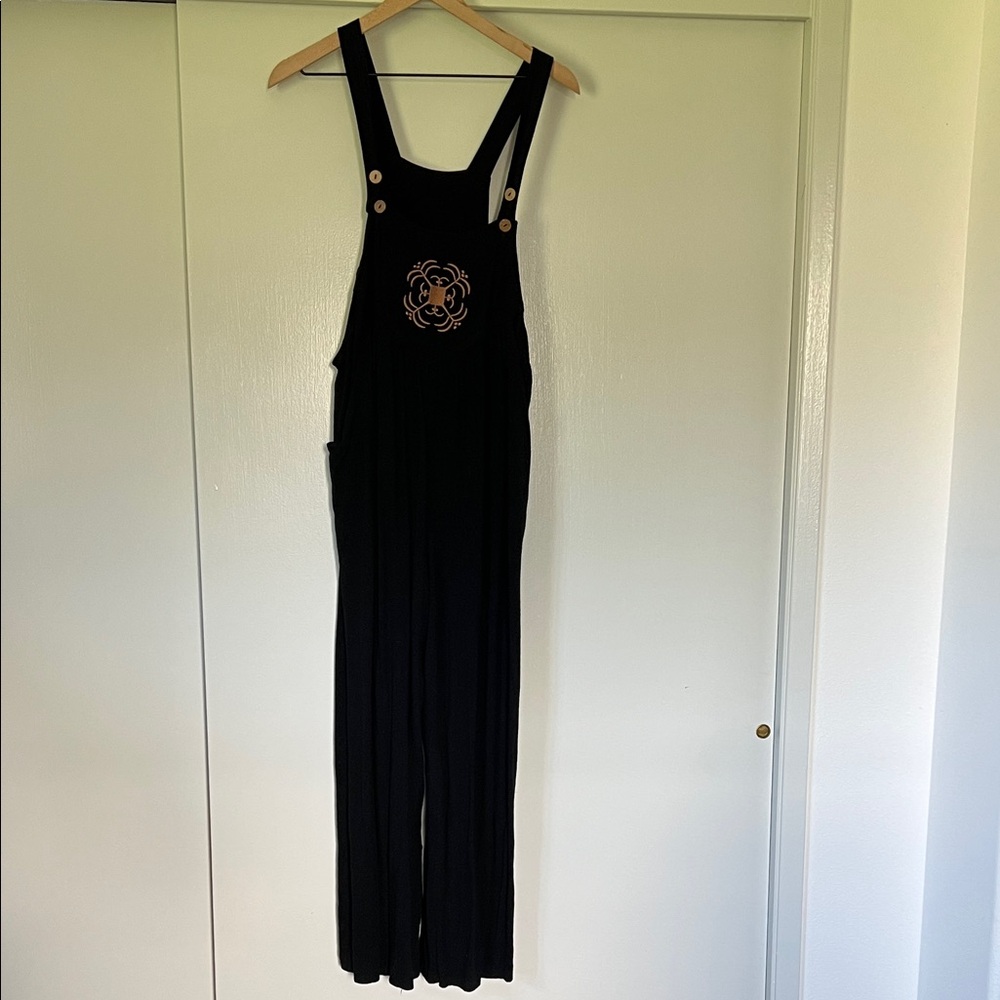 Black Overalls with Quilt Embroidery